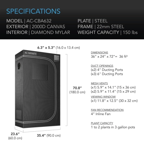 AC Infinity Cloudlab 632 90x60x180cm Mylar 2000D namiot do uprawy