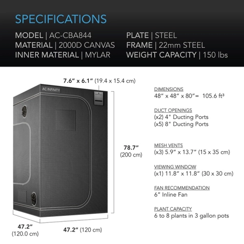 AC Infinity Cloudlab 844 120x120x200cm Mylar 2000D namiot do uprawy