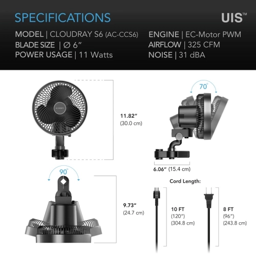AC Infinity Cloudray S6 Gen 2 Oscillating Clip Fan 11W 10-speed fi 150mm - wentylator mieszający z klipsem